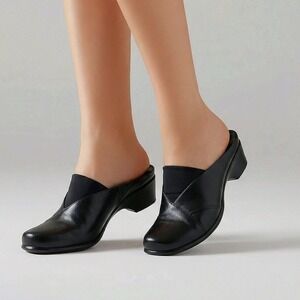Clarks Mules Black Leather Stretch Fabric Wedge Comfort Slip On Size 9.5M
